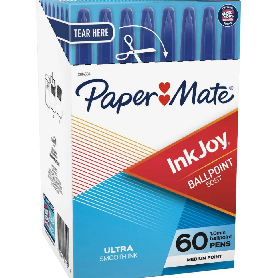 Paper Mate InkJoy 50ST Stick Ballpoint Pens, Medium Point, 1.0 mm, Clear Barrels, Blue Ink, Box of 60