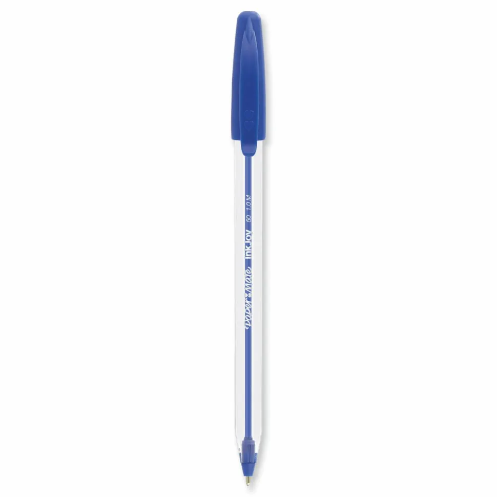 Paper Mate InkJoy 50ST Stick Ballpoint Pens, Medium Point, 1.0 mm, Clear Barrels, Blue Ink, Box of 60