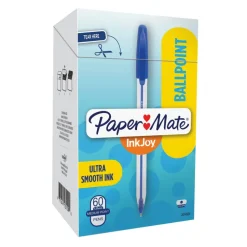 Paper Mate InkJoy 50ST Stick Ballpoint Pens, Medium Point, 1.0 mm, Clear Barrels, Blue Ink, Box of 60