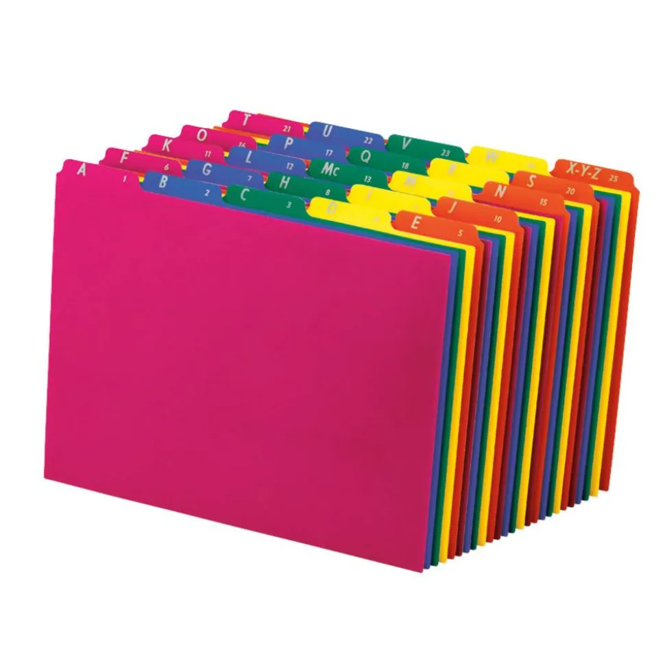Pendaflex Top-Tab A-Z File Guides, Polypropylene, Letter Size, 1/5-Cut Tab, Assorted Colors, Pack Of 25
