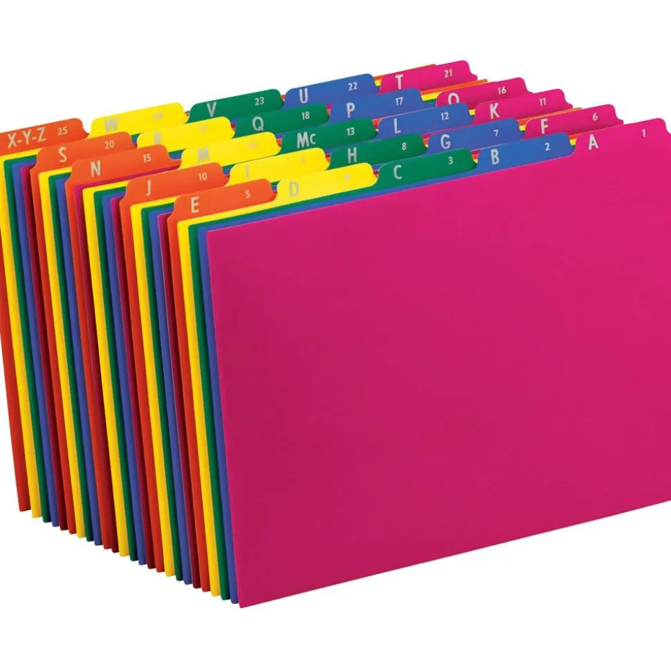 Pendaflex Top-Tab A-Z File Guides, Polypropylene, Letter Size, 1/5-Cut Tab, Assorted Colors, Pack Of 25