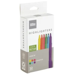 Pen-Style Highlighters, 100% Recycled Plastic Barrel, Assorted Colors, Pack Of 12