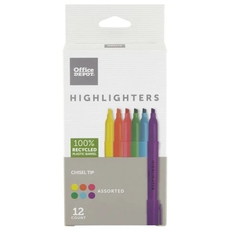 Pen-Style Highlighters, 100% Recycled Plastic Barrel, Assorted Colors, Pack Of 12