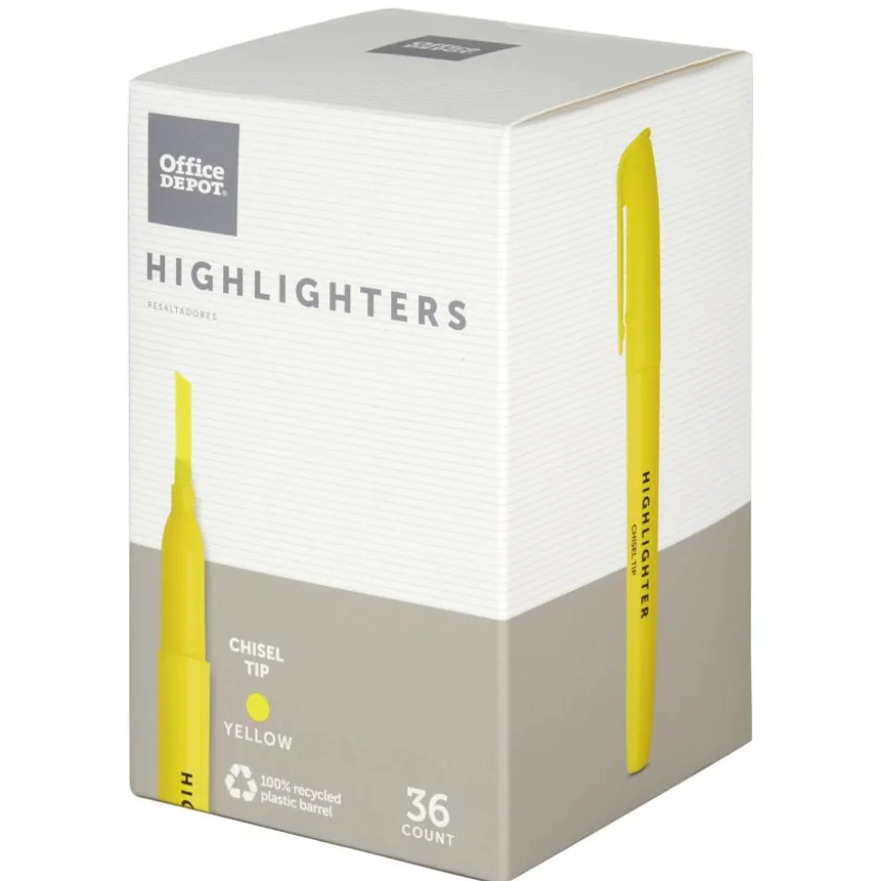 Pen-Style Highlighters, Chisel Tip, 100% Recycled Plastic Barrel, Fluorescent Yellow, Pack Of 36