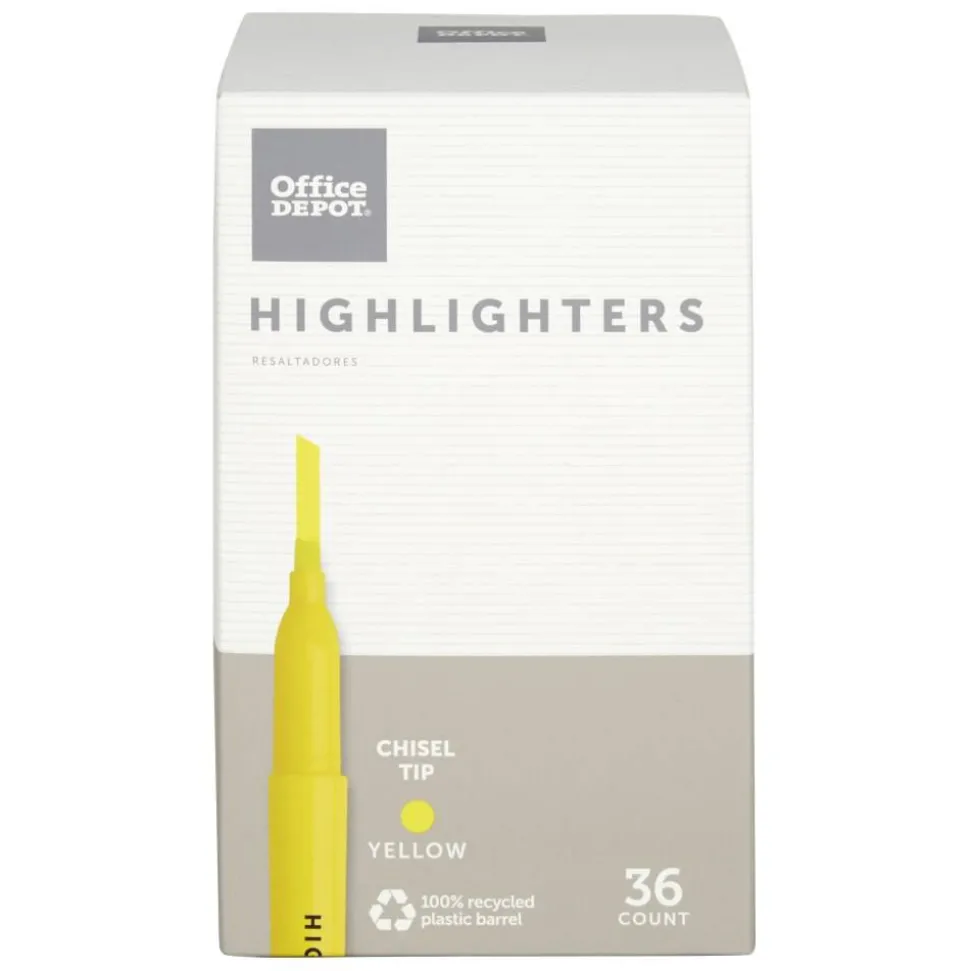 Pen-Style Highlighters, Chisel Tip, 100% Recycled Plastic Barrel, Fluorescent Yellow, Pack Of 36
