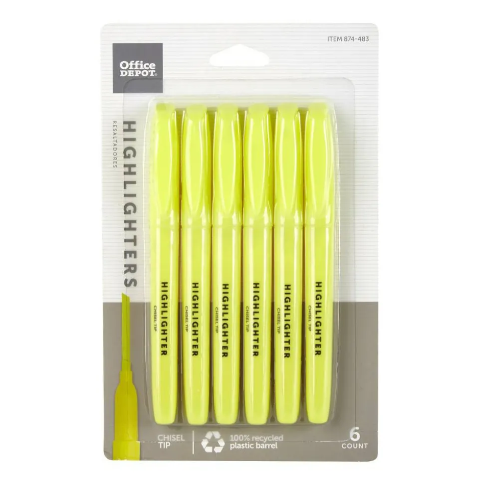 Pen-Style Highlighters, Chisel Point, 100% Recycled Plastic Barrel, Fluorescent Yellow, Pack Of 6