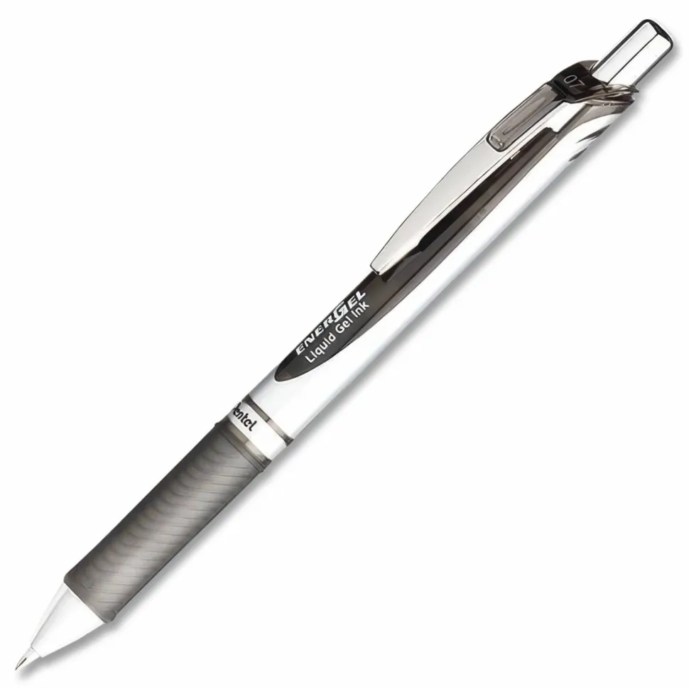 Pentel EnerGel Retractable Liquid Gel Pens, Medium Point, 0.7 mm, Silver Barrel, Black Ink, Pack Of 12
