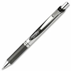 Pentel EnerGel Retractable Liquid Gel Pens, Medium Point, 0.7 mm, Silver Barrel, Black Ink, Pack Of 12