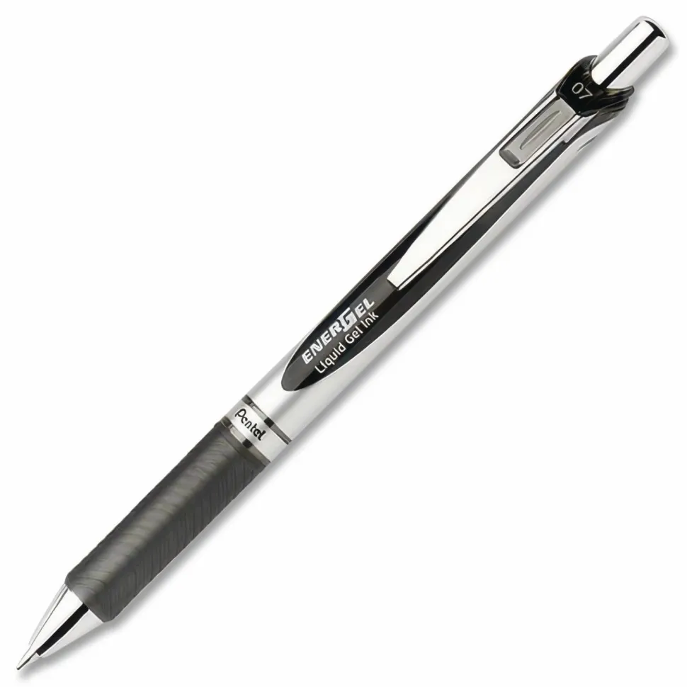 Pentel EnerGel Retractable Liquid Gel Pens, Medium Point, 0.7 mm, Silver Barrel, Black Ink, Pack Of 12