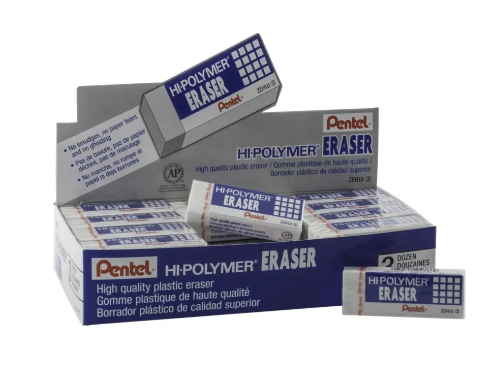 Pentel Hi-Polymer Eraser, Lead Pencil, Block, Non-abrasive, Latex-free, 0.5"H x 2.6"W x 1"D, 1Each, White