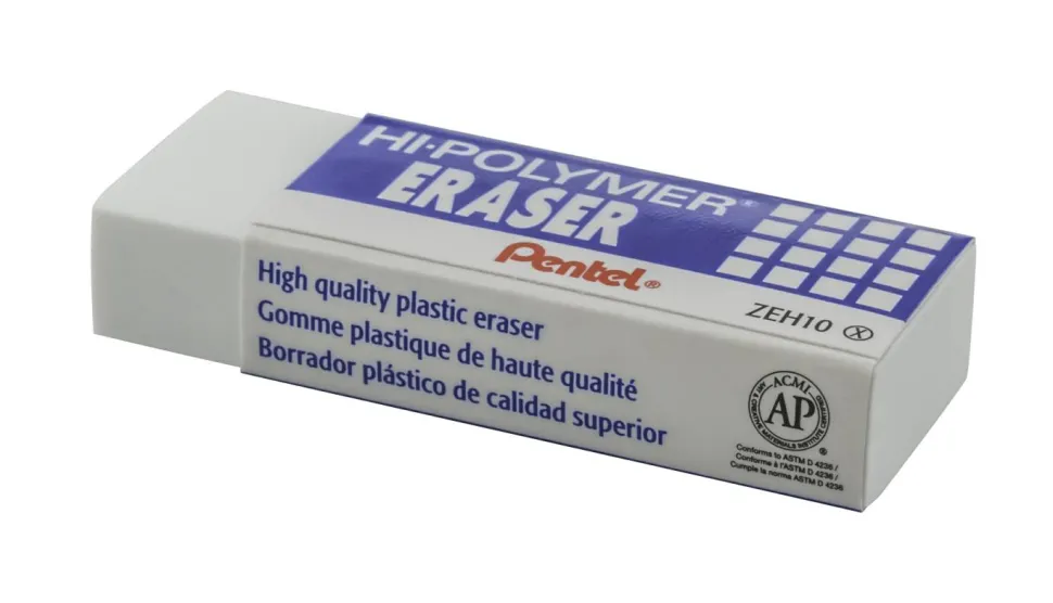 Pentel Hi-Polymer Eraser, Lead Pencil, Block, Non-abrasive, Latex-free, 0.5"H x 2.6"W x 1"D, 1Each, White