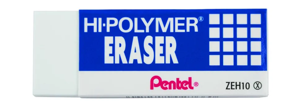 Pentel Hi-Polymer Eraser, Lead Pencil, Block, Non-abrasive, Latex-free, 0.5"H x 2.6"W x 1"D, 1Each, White