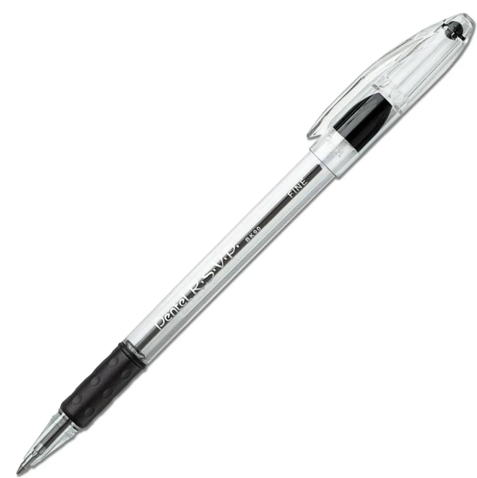 Pentel R.S.V.P. Ballpoint Pens, Fine Point, 0.7 mm, Clear Barrel, Black Ink, Pack Of 12