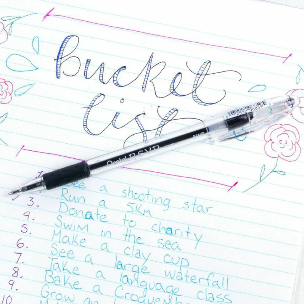 Pentel R.S.V.P. Ballpoint Pens, Fine Point, 0.7 mm, Clear Barrel, Black Ink, Pack Of 12