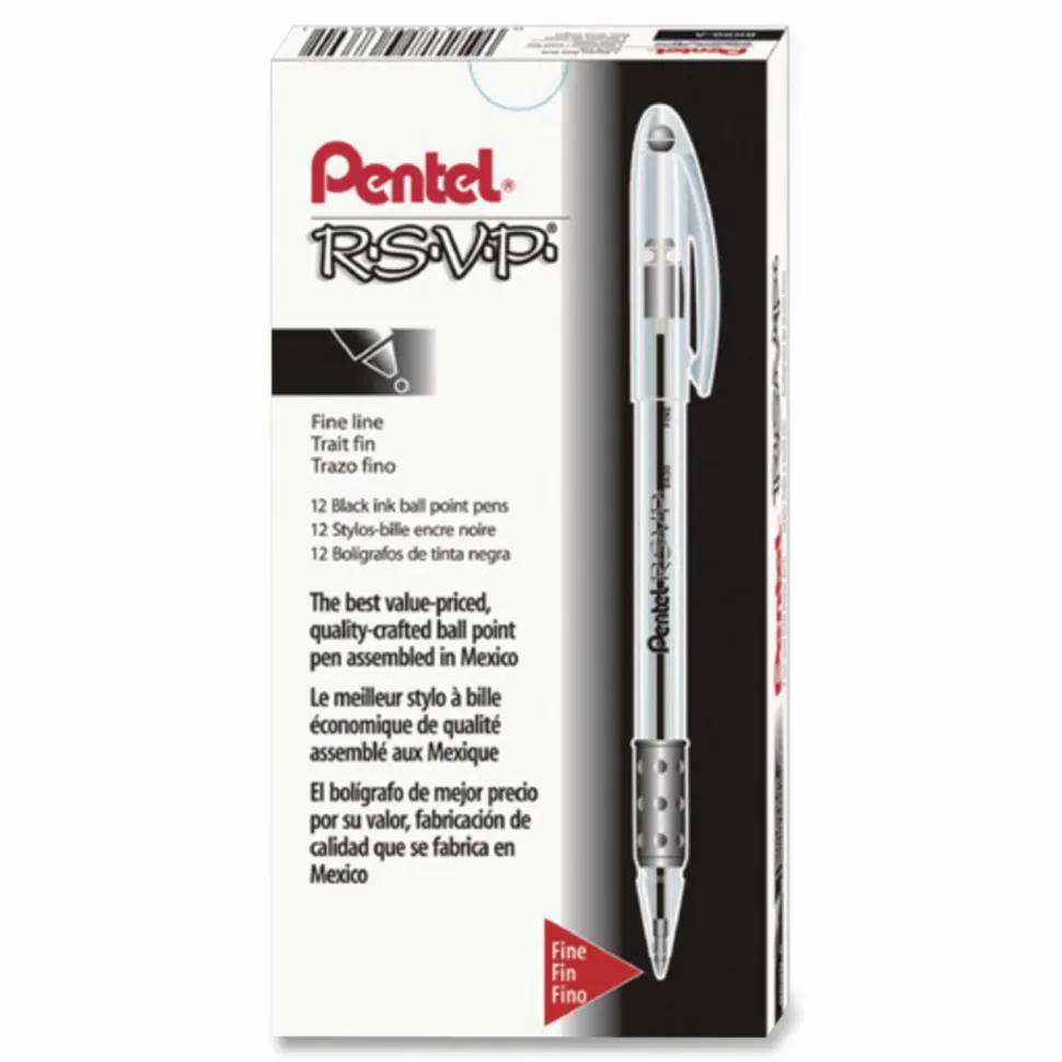 Pentel R.S.V.P. Ballpoint Pens, Fine Point, 0.7 mm, Clear Barrel, Black Ink, Pack Of 12