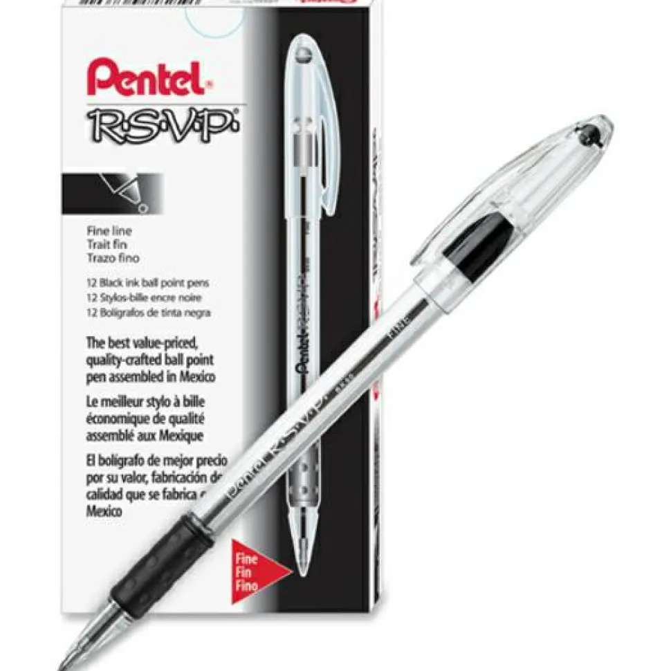 Pentel R.S.V.P. Ballpoint Pens, Fine Point, 0.7 mm, Clear Barrel, Black Ink, Pack Of 12