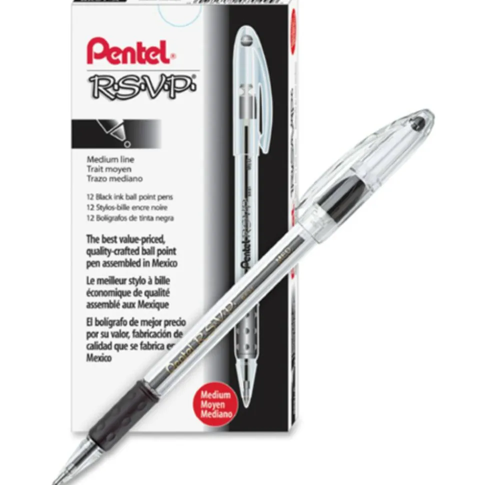 Pentel R.S.V.P. Ballpoint Pens, Medium Point, 1.0 mm, Clear Barrel, Black Ink, Pack Of 12