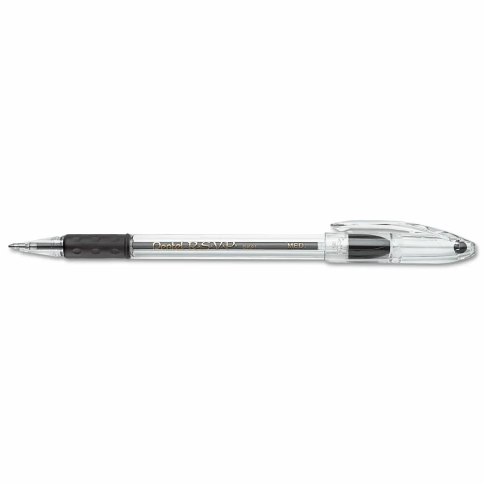 Pentel R.S.V.P. Ballpoint Pens, Medium Point, 1.0 mm, Clear Barrel, Black Ink, Pack Of 12