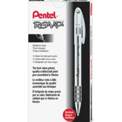 Pentel R.S.V.P. Ballpoint Pens, Medium Point, 1.0 mm, Clear Barrel, Black Ink, Pack Of 12