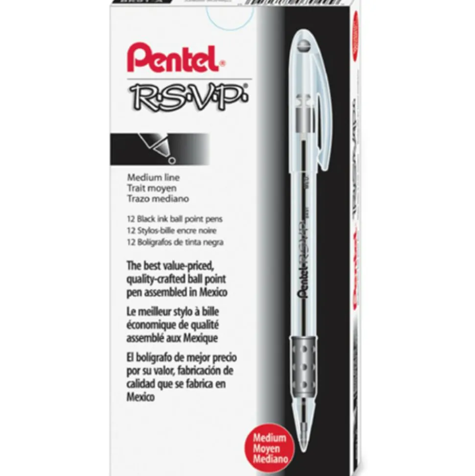 Pentel R.S.V.P. Ballpoint Pens, Medium Point, 1.0 mm, Clear Barrel, Black Ink, Pack Of 12