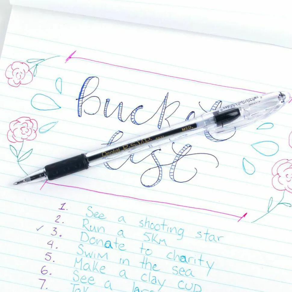 Pentel R.S.V.P. Ballpoint Pens, Medium Point, 1.0 mm, Clear Barrel, Black Ink, Pack Of 12