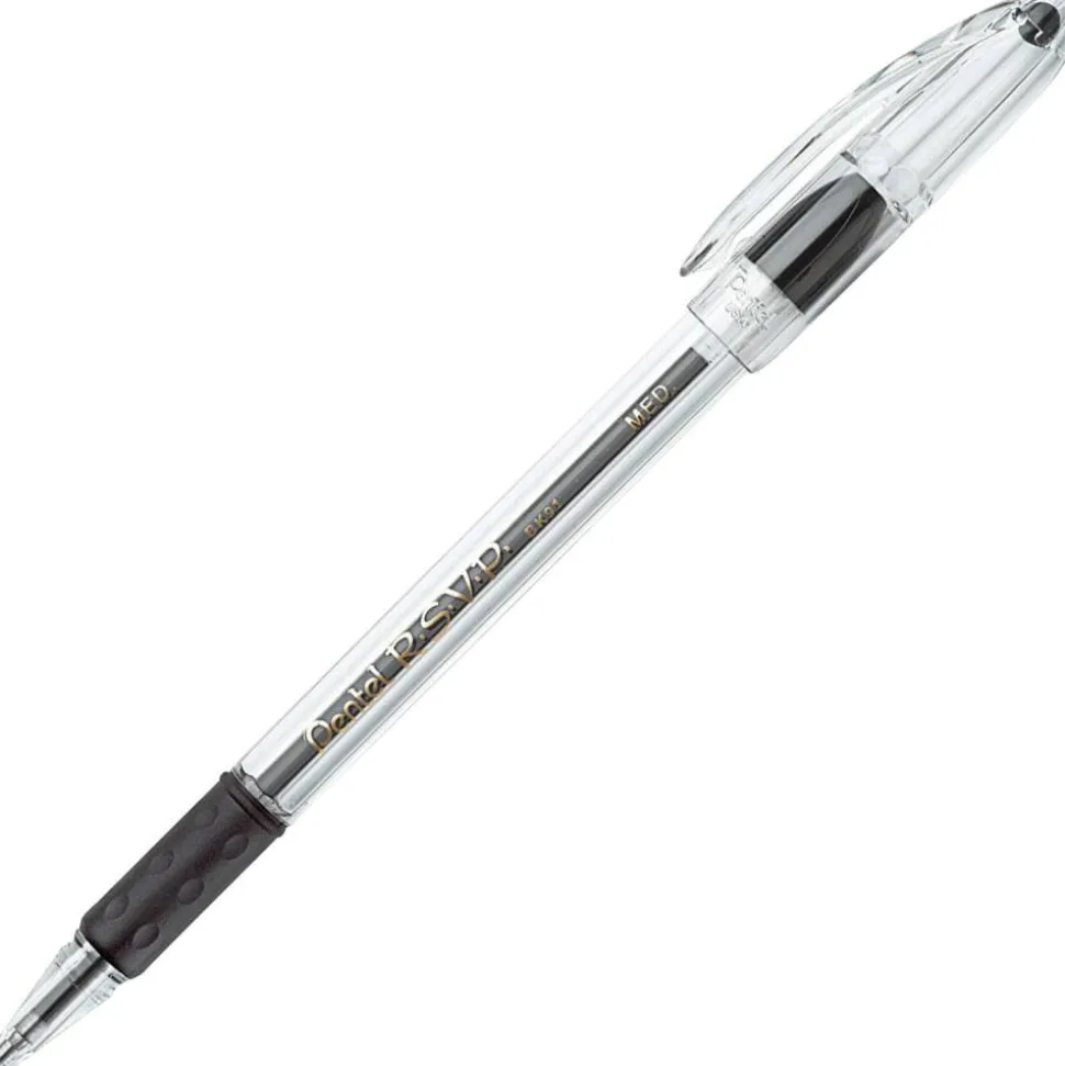Pentel R.S.V.P. Ballpoint Pens, Medium Point, 1.0 mm, Clear Barrel, Black Ink, Pack Of 12