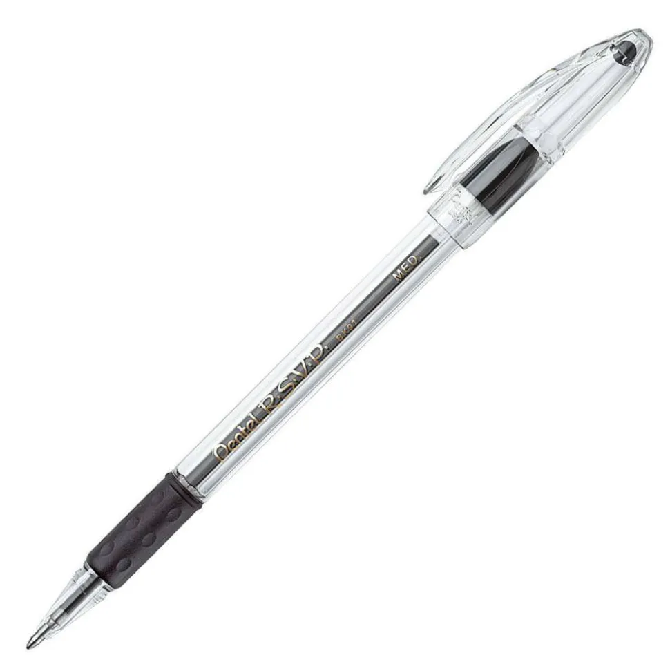 Pentel R.S.V.P. Ballpoint Pens, Medium Point, 1.0 mm, Clear Barrel, Black Ink, Pack Of 12