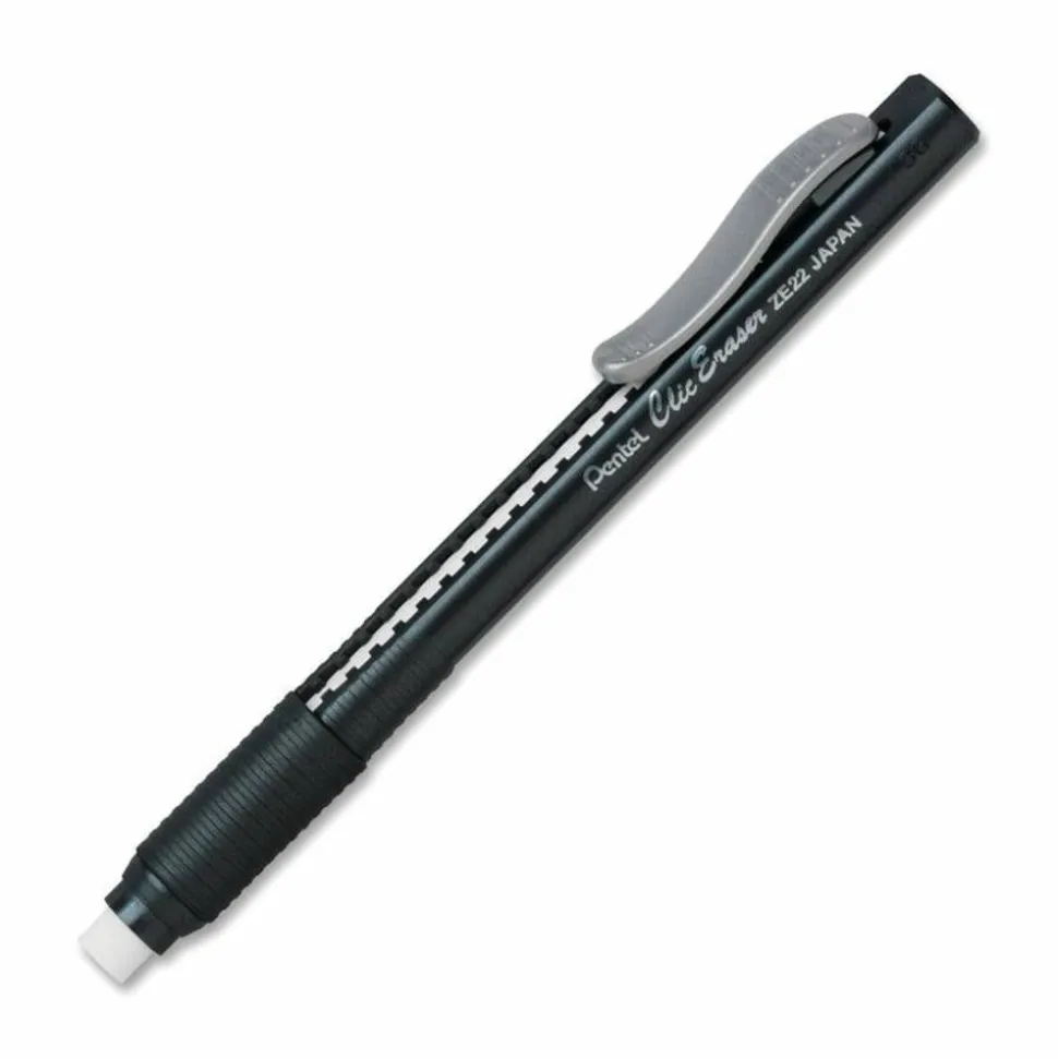 Pentel Rubber Grip Clic Eraser - Lead Pencil - Refillable - Pen - Retractable, Latex-free Grip, Ghost Resistant, Pocket Clip - 1Each - Black