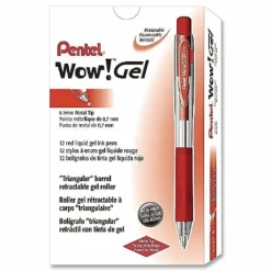 Pentel Wow! Retractable Gel Roller Pens, Medium Point, 0.7 mm, Clear Barrel, Red Ink, Pack Of 12