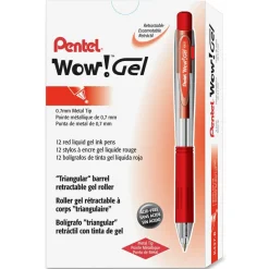 Pentel Wow! Retractable Gel Roller Pens, Medium Point, 0.7 mm, Clear Barrel, Red Ink, Pack Of 12