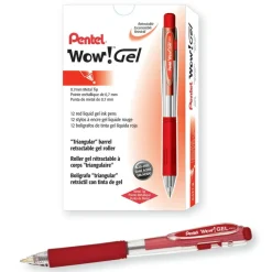 Pentel Wow! Retractable Gel Roller Pens, Medium Point, 0.7 mm, Clear Barrel, Red Ink, Pack Of 12