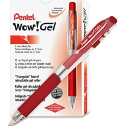 Pentel Wow! Retractable Gel Roller Pens, Medium Point, 0.7 mm, Clear Barrel, Red Ink, Pack Of 12
