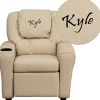 Personalized Beige Vinyl Kids Recliner with Cup Holder and Headrest