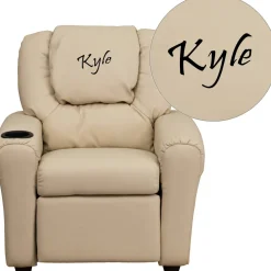 Personalized Beige Vinyl Kids Recliner with Cup Holder and Headrest