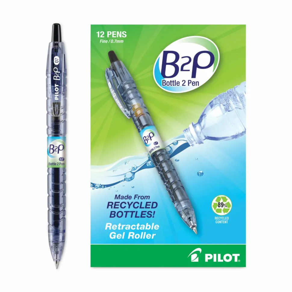 Pilot "Bottle to Pen" B2P Retractable Gel Pens, Fine Point, 0.7 mm, 89% Recycled, Translucent Barrel, Black Ink, Pack Of 12