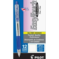 Pilot EasyTouch Retractable Ballpoint Pens, Fine Point, 0.7 mm, Clear Barrel, Blue Ink, Pack Of 12