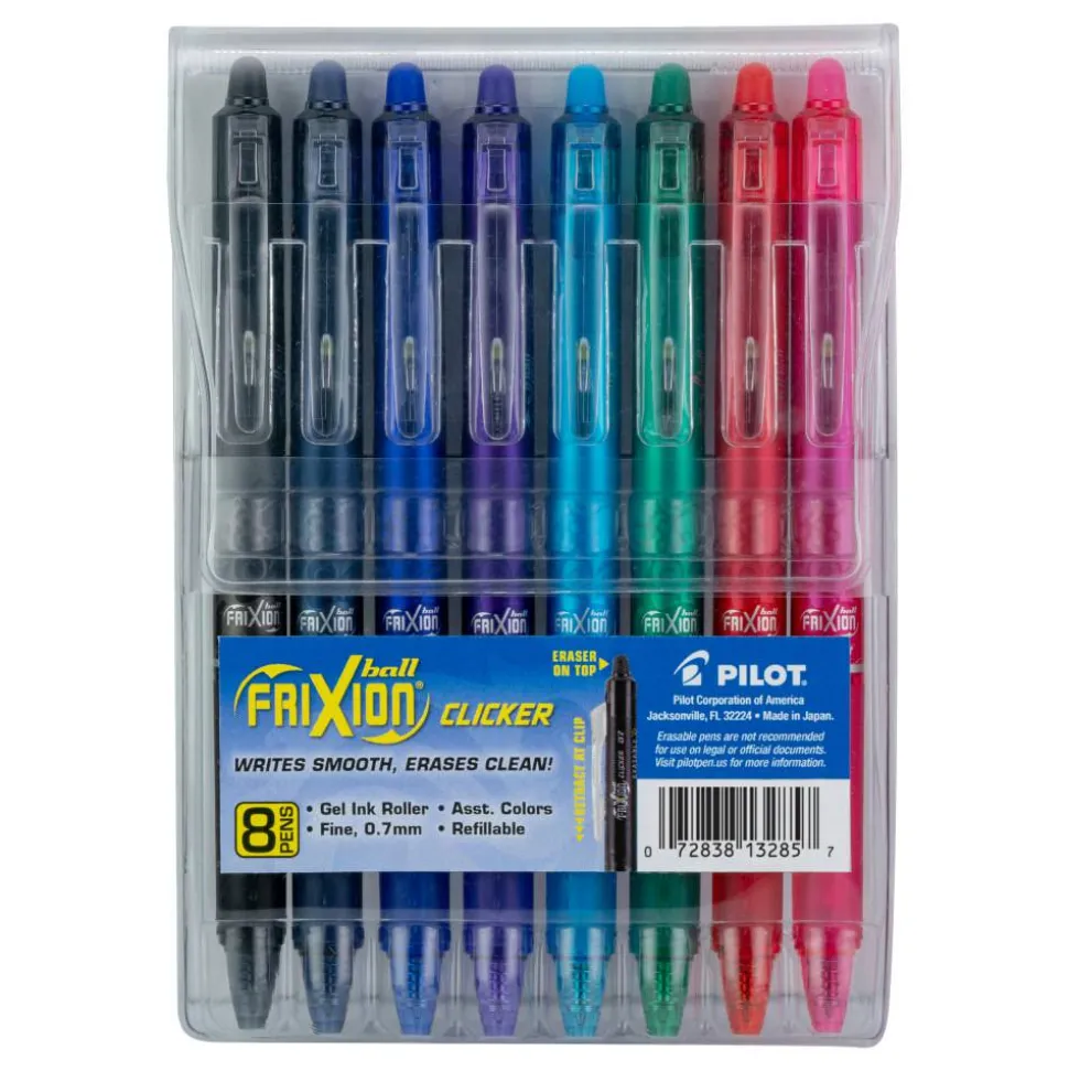 Pilot FriXion Ball Clicker Erasable Retractable Gel Pens, Pack of 8, Fine Point, 0.7 mm, Assorted Barrel Colors, Assorted Ink Colors