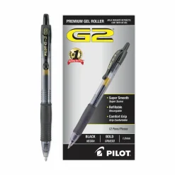 Pilot G2 Retractable Gel Pens, Bold Point, 1.0 mm, Clear Barrels, Black Ink, Pack Of 12 Pens