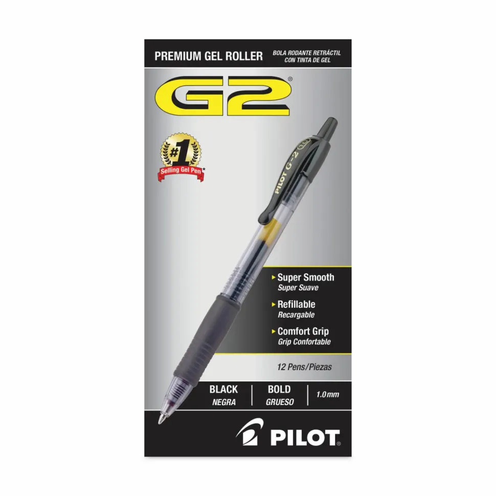 Pilot G2 Retractable Gel Pens, Bold Point, 1.0 mm, Clear Barrels, Black Ink, Pack Of 12 Pens