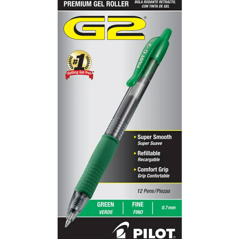 Pilot G2 Retractable Gel Pens, Fine Point, 0.7 mm, Clear Barrels, Green Ink, Pack Of 12 Pens