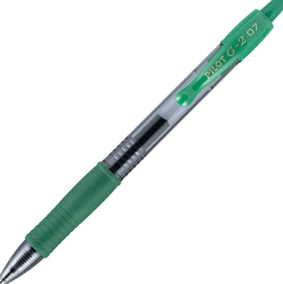 Pilot G2 Retractable Gel Pens, Fine Point, 0.7 mm, Clear Barrels, Green Ink, Pack Of 12 Pens