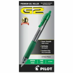 Pilot G2 Retractable Gel Pens, Fine Point, 0.7 mm, Clear Barrels, Green Ink, Pack Of 12 Pens