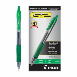Pilot G2 Retractable Gel Pens, Fine Point, 0.7 mm, Clear Barrels, Green Ink, Pack Of 12 Pens