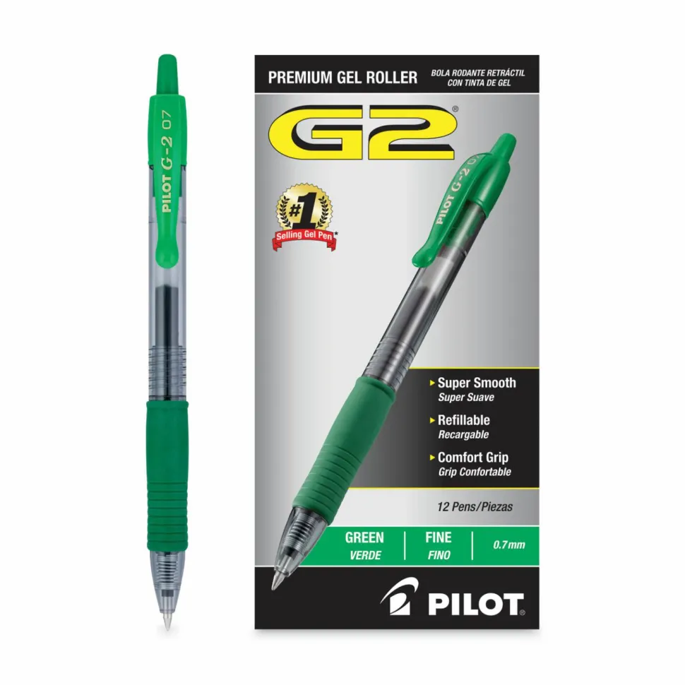 Pilot G2 Retractable Gel Pens, Fine Point, 0.7 mm, Clear Barrels, Green Ink, Pack Of 12 Pens
