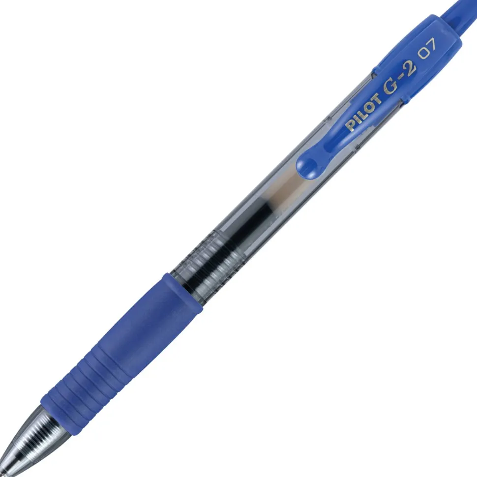 Pilot G2 Retractable Gel Pen, Fine Point, 0.7mm, Clear Barrels, Blue Ink, Tub Of 36 Pens