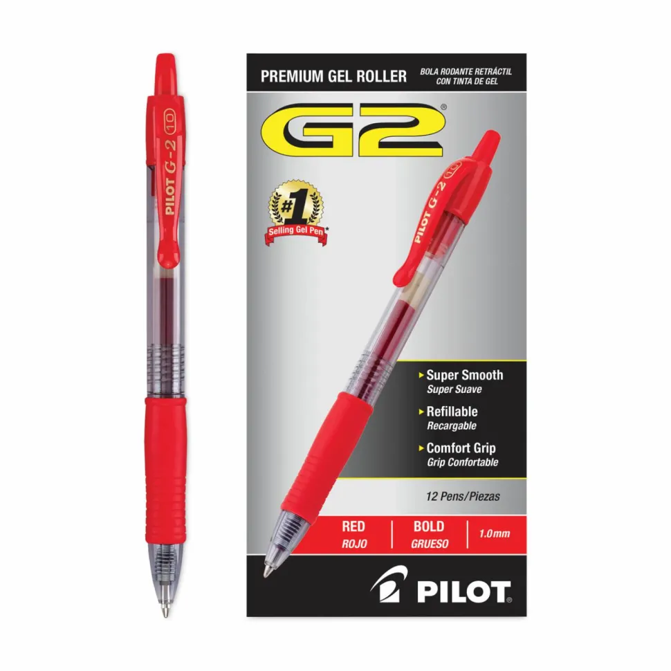 Pilot G2 Retractable Gel Pens, Bold Point, 1.0 mm, Clear Barrels, Red Ink, Pack Of 12