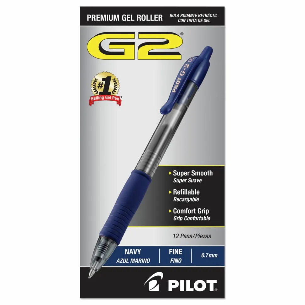 Pilot G2 Retractable Gel Pens, Fine Point, 0.7 mm, Clear Barrels, Navy Ink, Pack Of 12 Pens