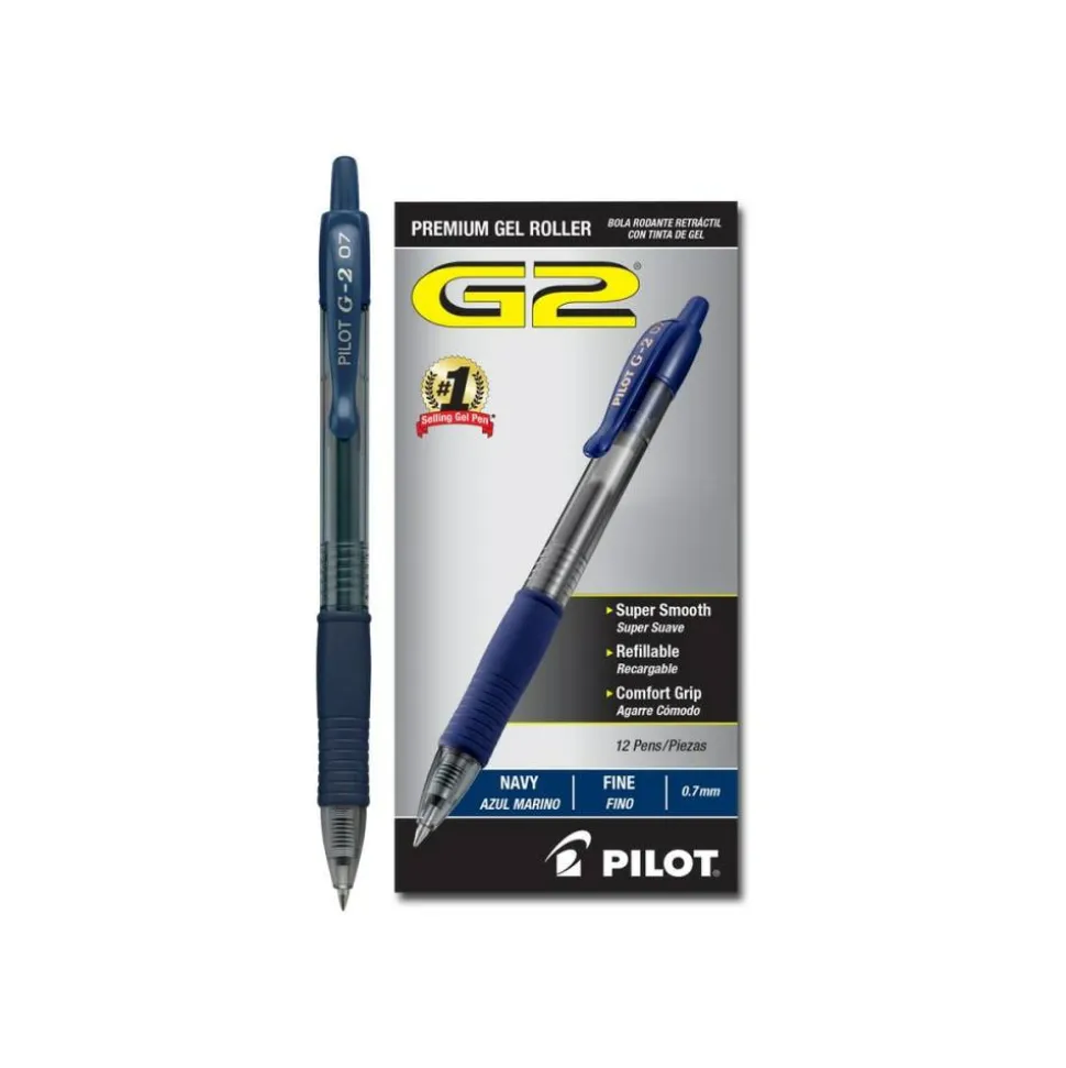 Pilot G2 Retractable Gel Pens, Fine Point, 0.7 mm, Clear Barrels, Navy Ink, Pack Of 12 Pens