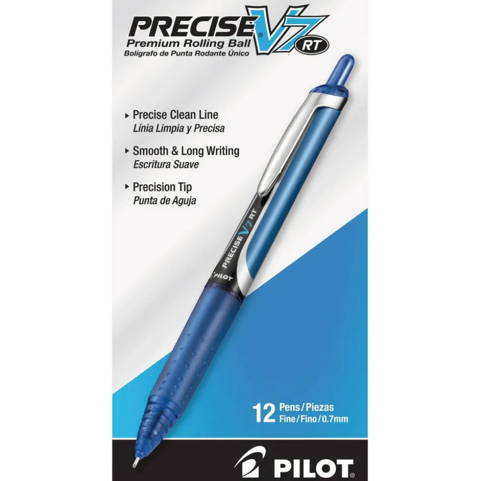 Pilot Precise V7 Liquid Ink Retractable Rollerball Pens, Fine Point, 0.7 mm, Assorted Barrels, Blue Ink, Pack Of 12 Pens