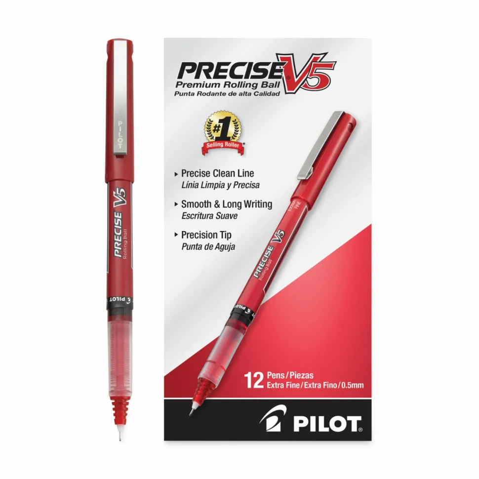 Pilot Precise V5 Liquid Ink Rollerball Pens, Extra Fine Point, 0.5 mm, Red Barrel, Red Ink, Pack Of 12